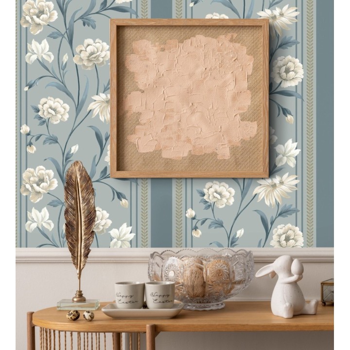 Papel pintado clásico de peonías y rayas fondo azul acero - Briseida Serenity 684257