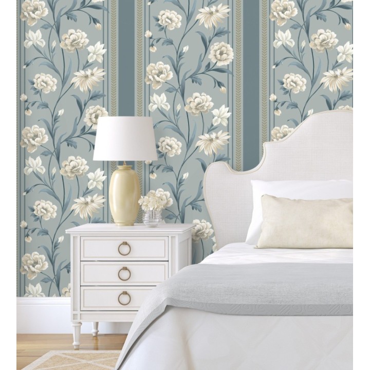 Papel pintado clásico de peonías y rayas fondo azul acero - Briseida Serenity 684257