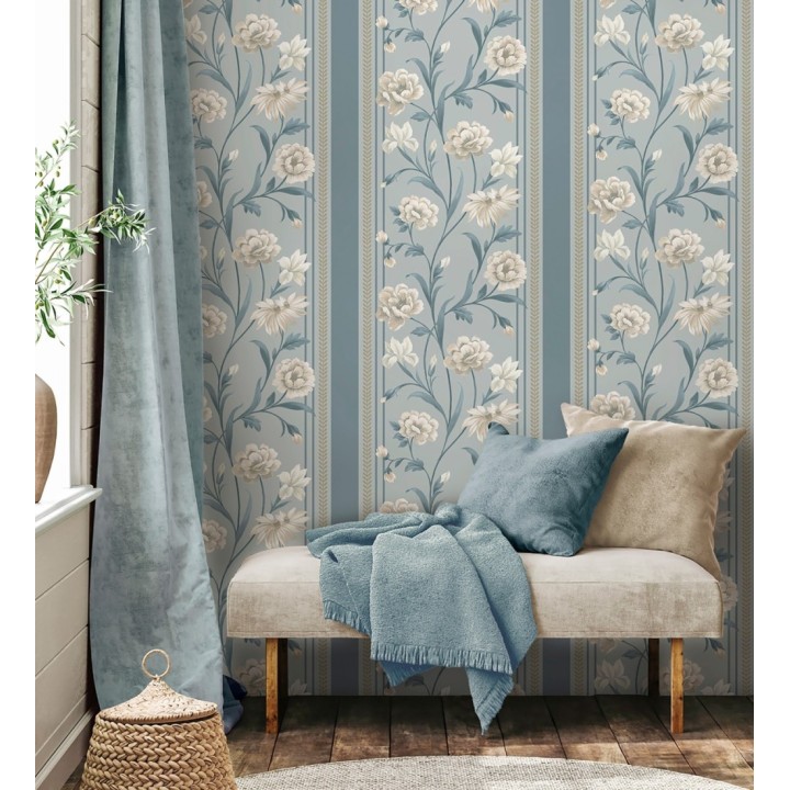 Papel pintado clásico de peonías y rayas fondo azul acero - Briseida Serenity 684257