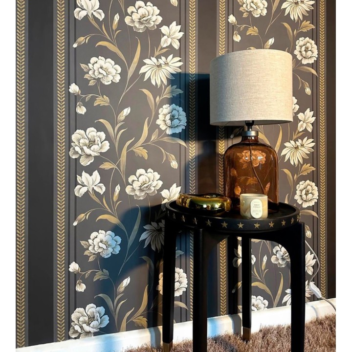 Papel pintado clásico de peonías y rayas fondo color chocolate - Briseida Serenity 684258