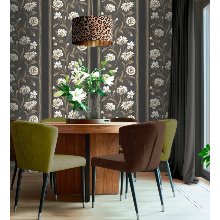 Papel pintado clásico de peonías y rayas fondo color chocolate - Briseida Serenity 684258