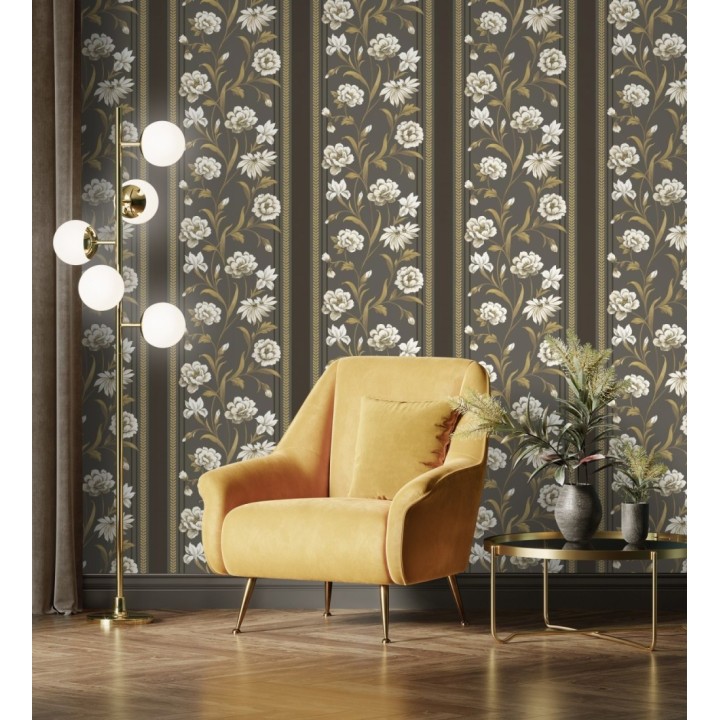 Papel pintado clásico de peonías y rayas fondo color chocolate - Briseida Serenity 684258