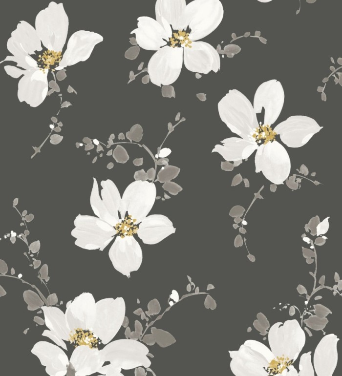 Papel pintado flores blancas grandes fondo negro - Ivory Flowers 126463