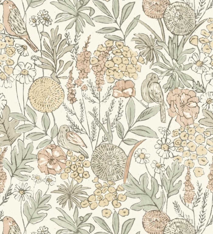Papel pintado de flores y pájaros colores pastel estilo English country - Mila Aviary 684263