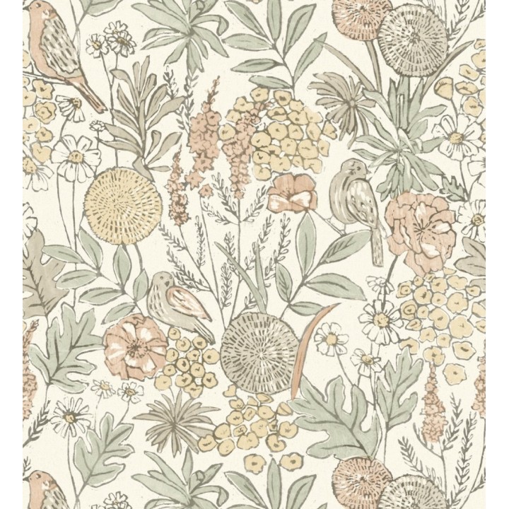 Papel pintado de flores y pájaros colores pastel estilo English country - Mila Aviary 684263