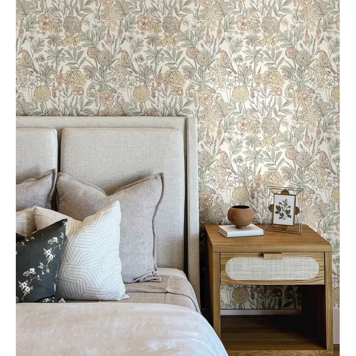 Papel pintado de flores y pájaros colores pastel estilo English country - Mila Aviary 684263