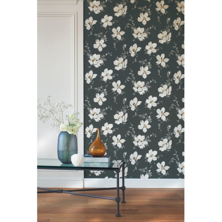 Papel pintado flores blancas grandes fondo negro - Ivory Flowers 126463