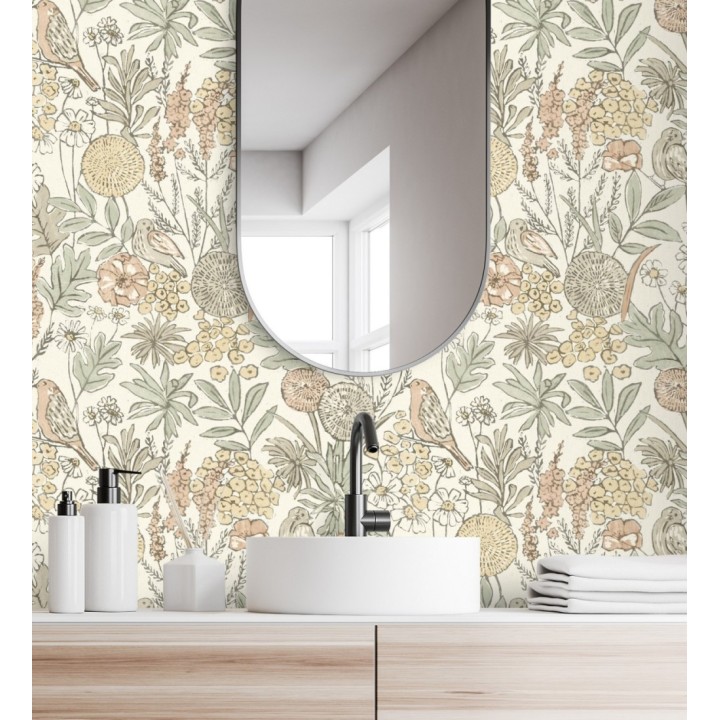Papel pintado de flores y pájaros colores pastel estilo English country - Mila Aviary 684263