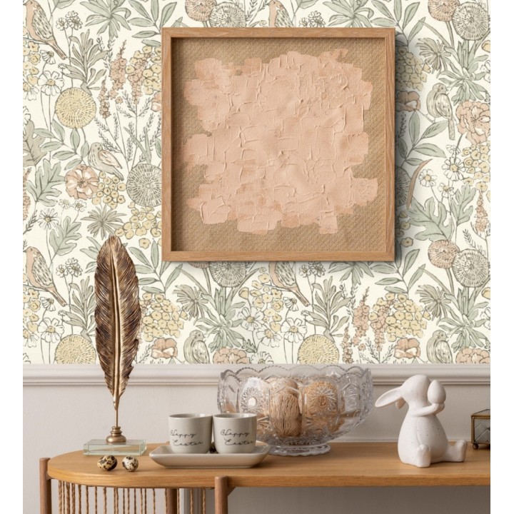 Papel pintado de flores y pájaros colores pastel estilo English country - Mila Aviary 684263