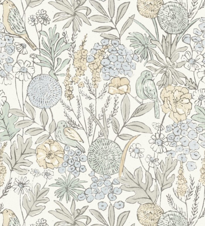 Papel pintado de flores y pájaros colores pastel estilo English country - Mila Aviary 684264