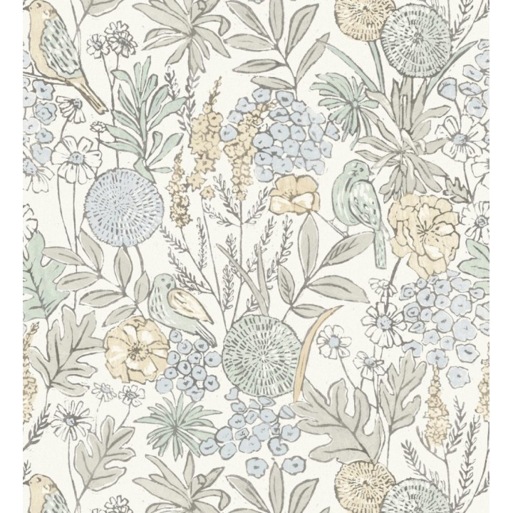 Papel pintado de flores y pájaros colores pastel estilo English country - Mila Aviary 684264
