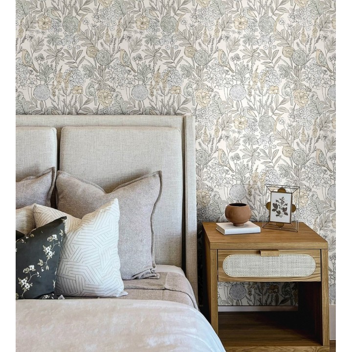 Papel pintado de flores y pájaros colores pastel estilo English country - Mila Aviary 684264