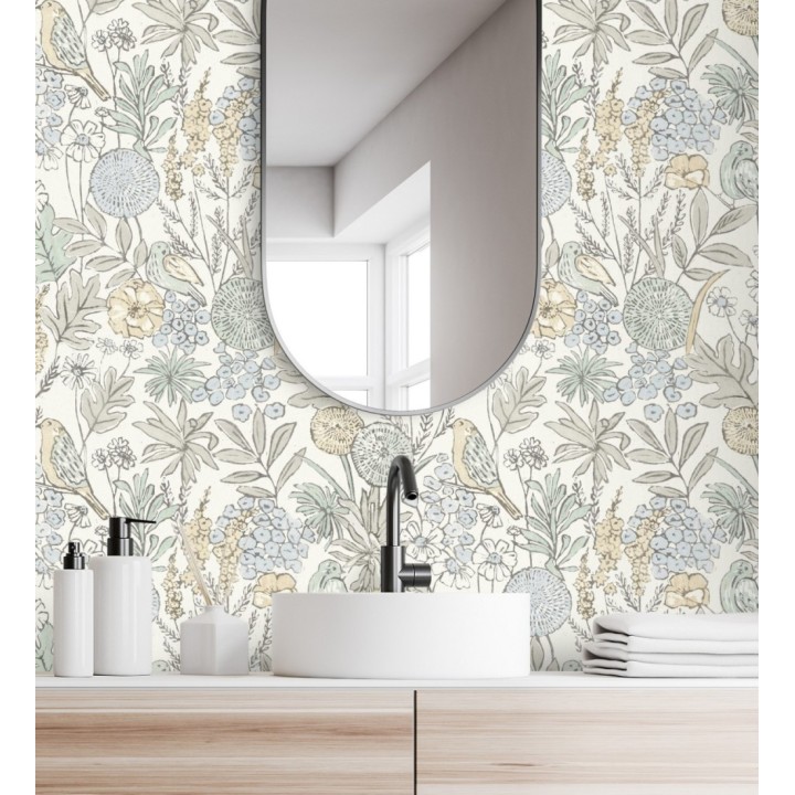 Papel pintado de flores y pájaros colores pastel estilo English country - Mila Aviary 684264