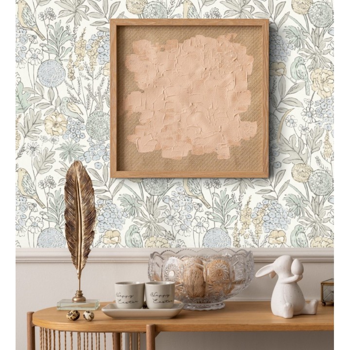 Papel pintado de flores y pájaros colores pastel estilo English country - Mila Aviary 684264