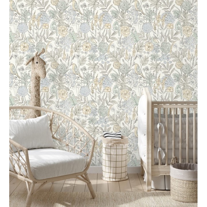 Papel pintado de flores y pájaros colores pastel estilo English country - Mila Aviary 684264