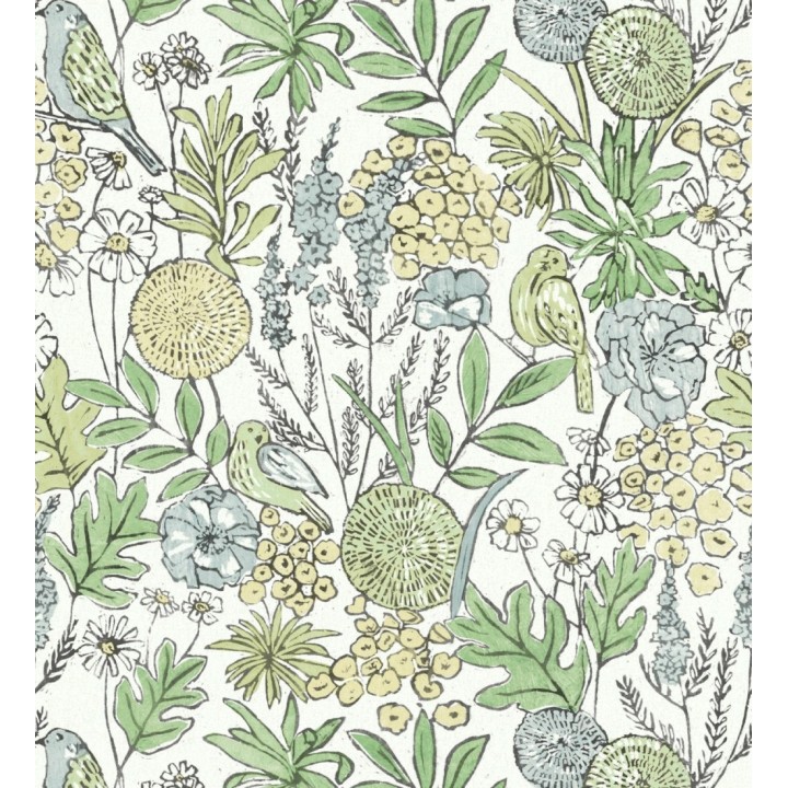 Papel pintado de flores y pájaros colores pastel estilo English country - Mila Aviary 684265