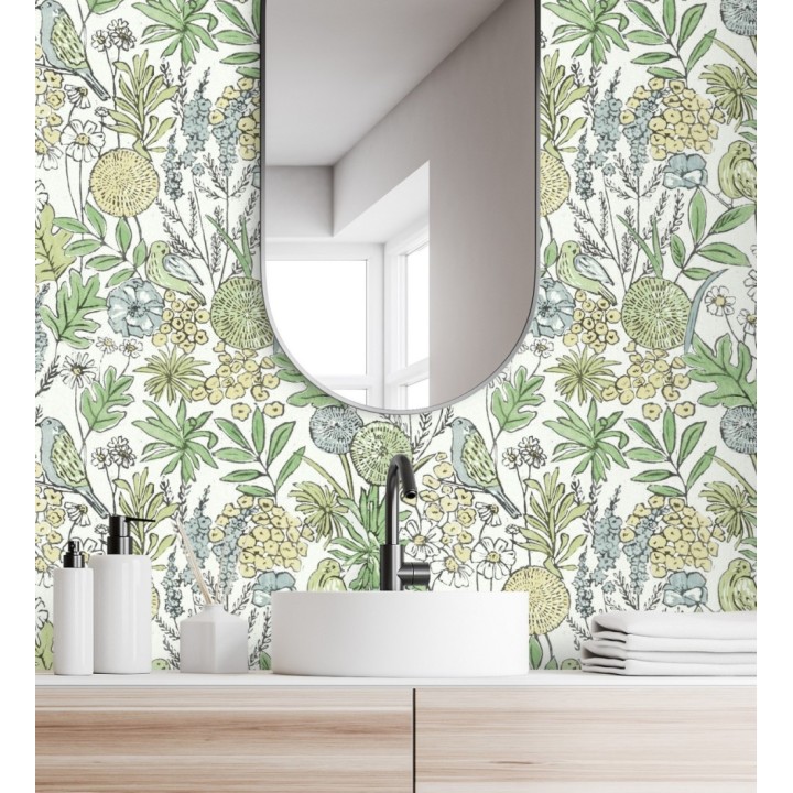 Papel pintado de flores y pájaros colores pastel estilo English country - Mila Aviary 684265