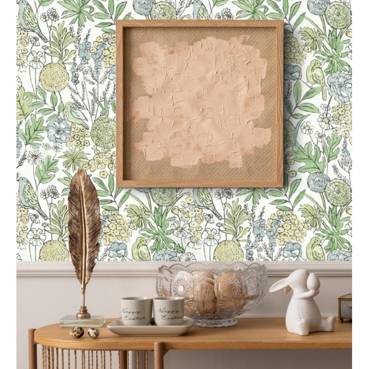 Papel pintado de flores y pájaros colores pastel estilo English country - Mila Aviary 684265