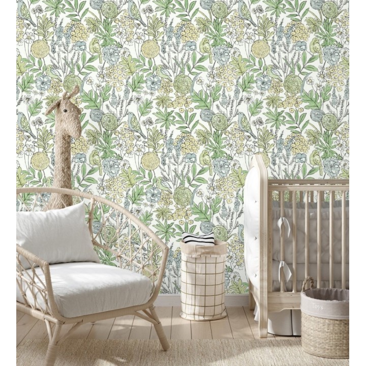 Papel pintado de flores y pájaros colores pastel estilo English country - Mila Aviary 684265