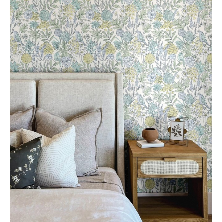 Papel pintado de flores y pájaros colores pastel estilo English country - Mila Aviary 684266