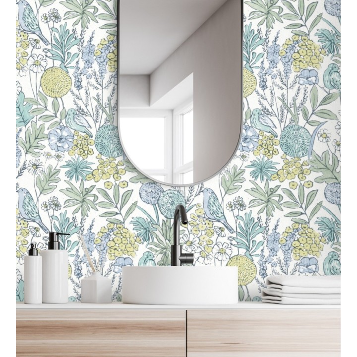 Papel pintado de flores y pájaros colores pastel estilo English country - Mila Aviary 684266