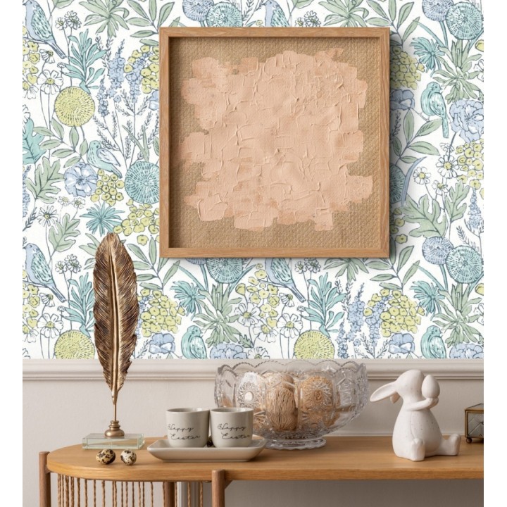 Papel pintado de flores y pájaros colores pastel estilo English country - Mila Aviary 684266