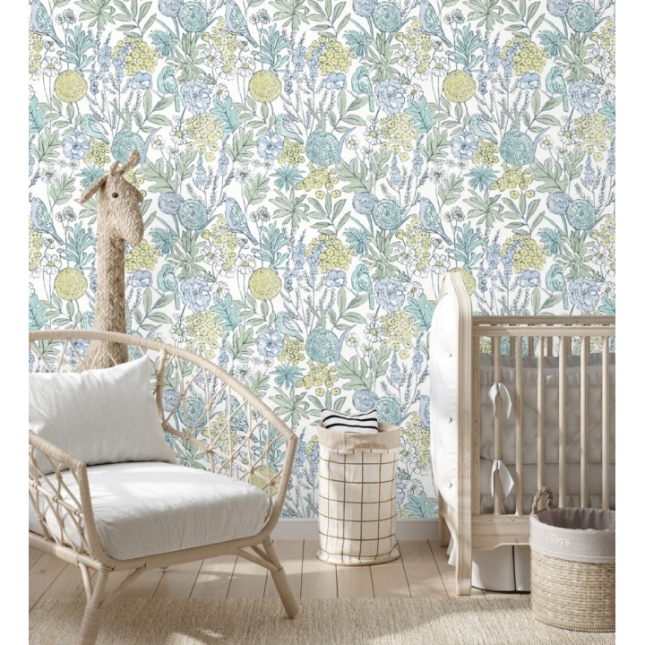 Papel pintado de flores y pájaros colores pastel estilo English country - Mila Aviary 684266