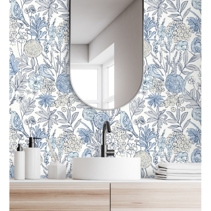 Papel pintado de flores y pájaros colores pastel estilo English country - Mila Aviary 684267