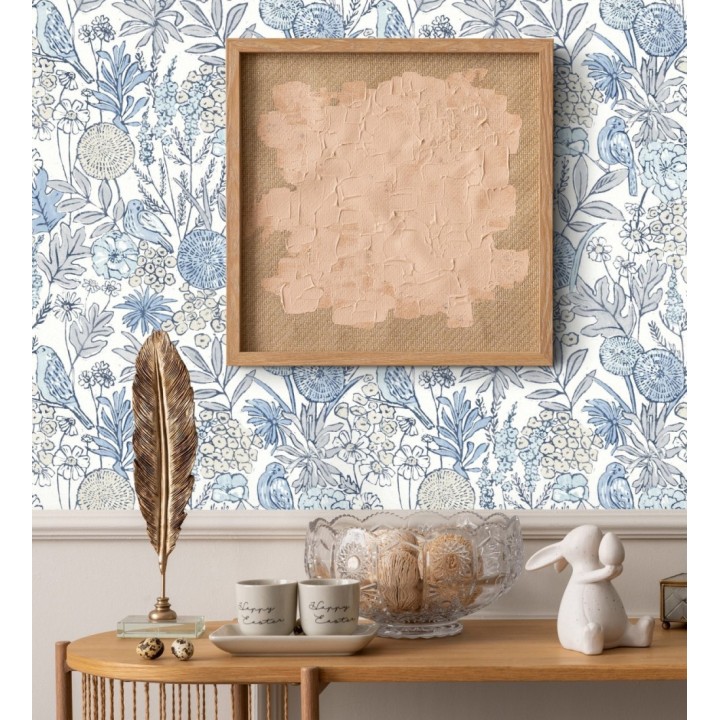 Papel pintado de flores y pájaros colores pastel estilo English country - Mila Aviary 684267