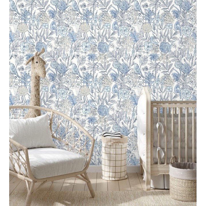 Papel pintado de flores y pájaros colores pastel estilo English country - Mila Aviary 684267