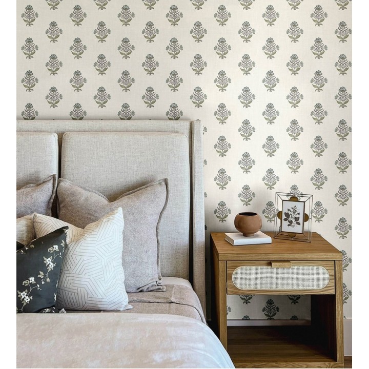 Papel pintado patrón con flores azules fondo lino texturizado - Hawthorne Sprig 684268