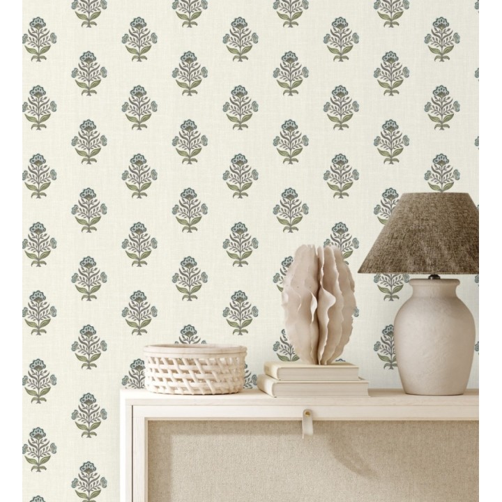 Papel pintado patrón con flores azules fondo lino texturizado - Hawthorne Sprig 684268