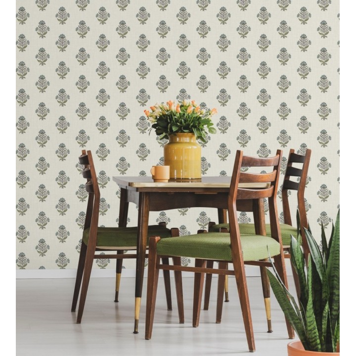 Papel pintado patrón con flores azules fondo lino texturizado - Hawthorne Sprig 684268