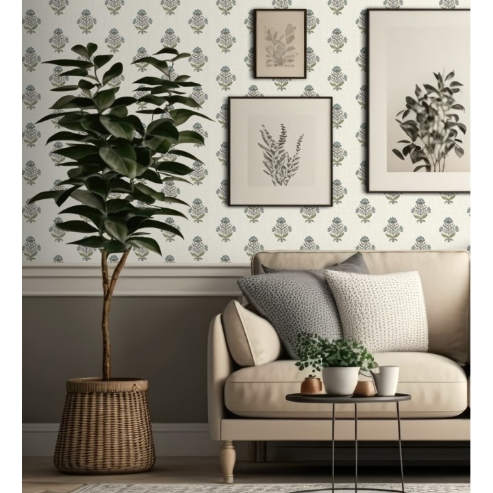 Papel pintado patrón con flores azules fondo lino texturizado - Hawthorne Sprig 684268