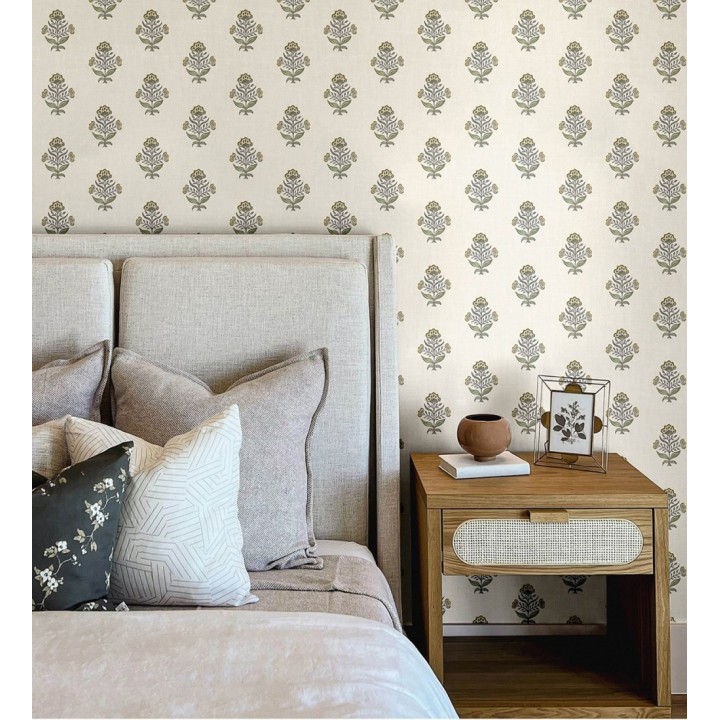 Papel pintado patrón con flores ocres fondo lino texturizado - Hawthorne Sprig 684269