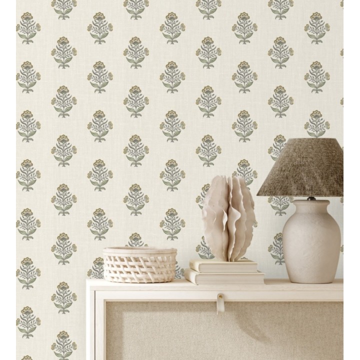 Papel pintado patrón con flores ocres fondo lino texturizado - Hawthorne Sprig 684269