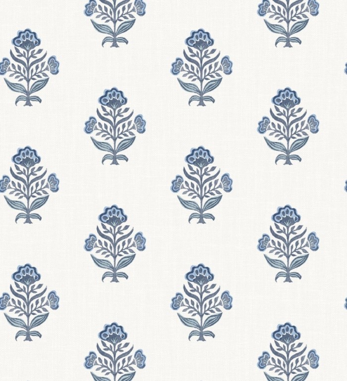 Papel pintado patrón con flores azules fondo lino texturizado blanco - Hawthorne Sprig 684270