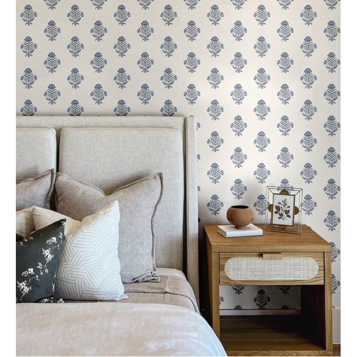 Papel pintado patrón con flores azules fondo lino texturizado blanco - Hawthorne Sprig 684270