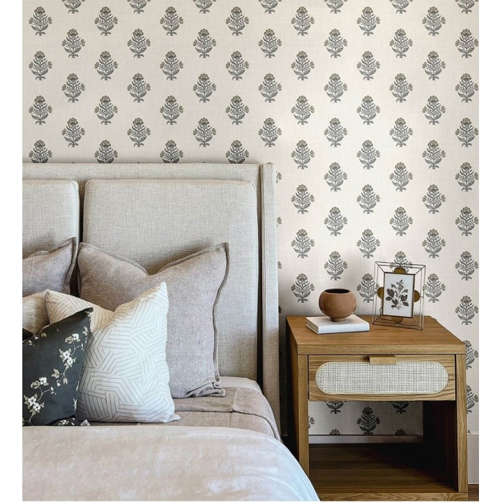 Papel pintado patrón con flores beige fondo lino texturizado - Hawthorne Sprig 684271