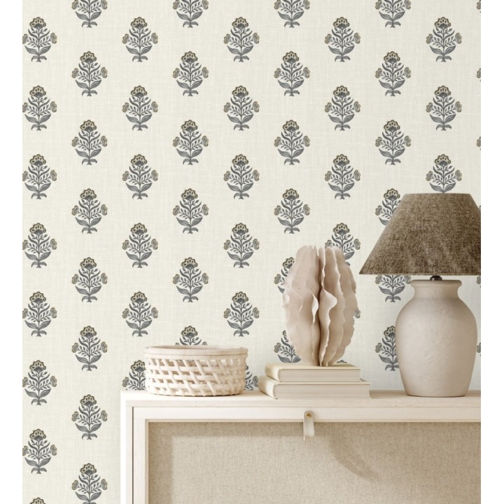 Papel pintado patrón con flores beige fondo lino texturizado - Hawthorne Sprig 684271
