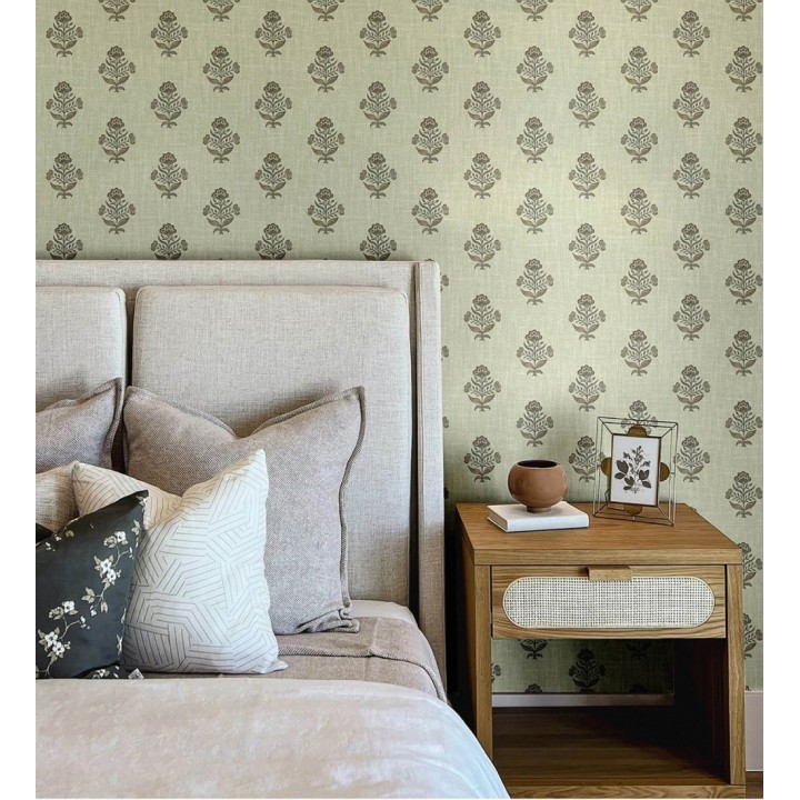 Papel pintado patrón con flores verde fondo lino texturizado verde - Hawthorne Sprig 684272
