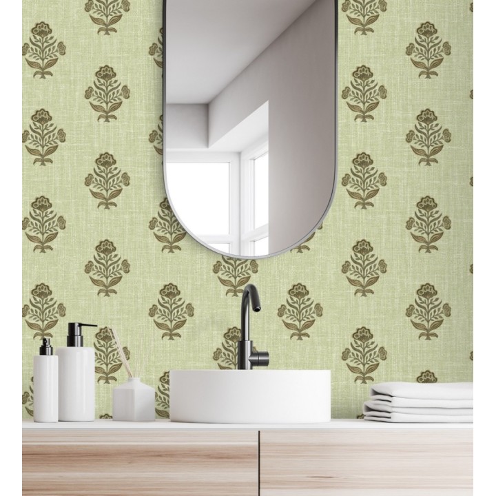 Papel pintado patrón con flores verde fondo lino texturizado verde - Hawthorne Sprig 684272