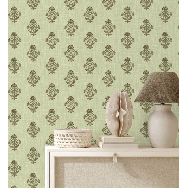 Papel pintado patrón con flores verde fondo lino texturizado verde - Hawthorne Sprig 684272
