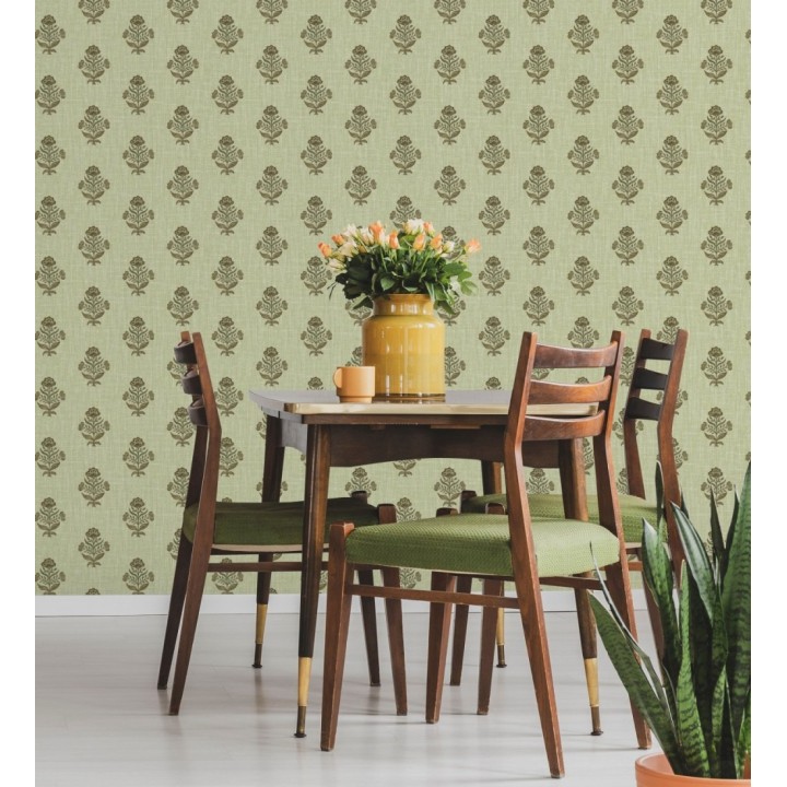Papel pintado patrón con flores verde fondo lino texturizado verde - Hawthorne Sprig 684272