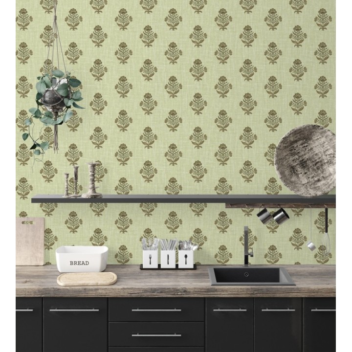 Papel pintado patrón con flores verde fondo lino texturizado verde - Hawthorne Sprig 684272