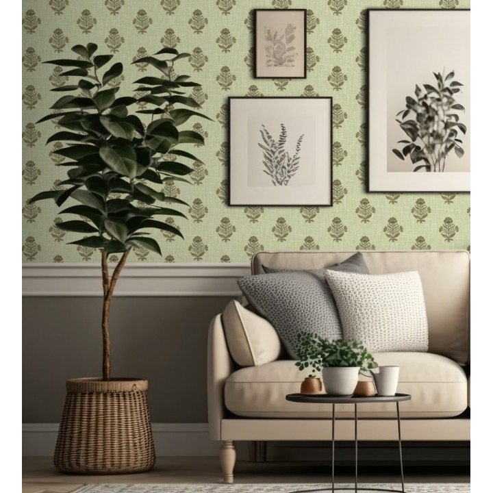 Papel pintado patrón con flores verde fondo lino texturizado verde - Hawthorne Sprig 684272