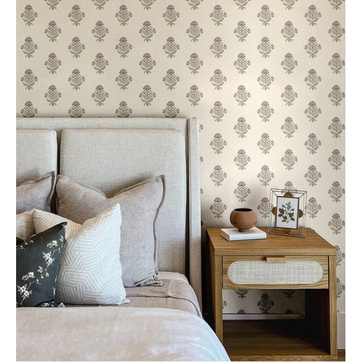 Papel pintado patrón con flores coral fondo lino texturizado - Hawthorne Sprig 684273