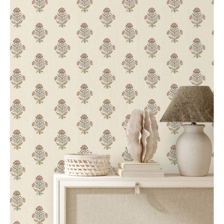 Papel pintado patrón con flores coral fondo lino texturizado - Hawthorne Sprig 684273