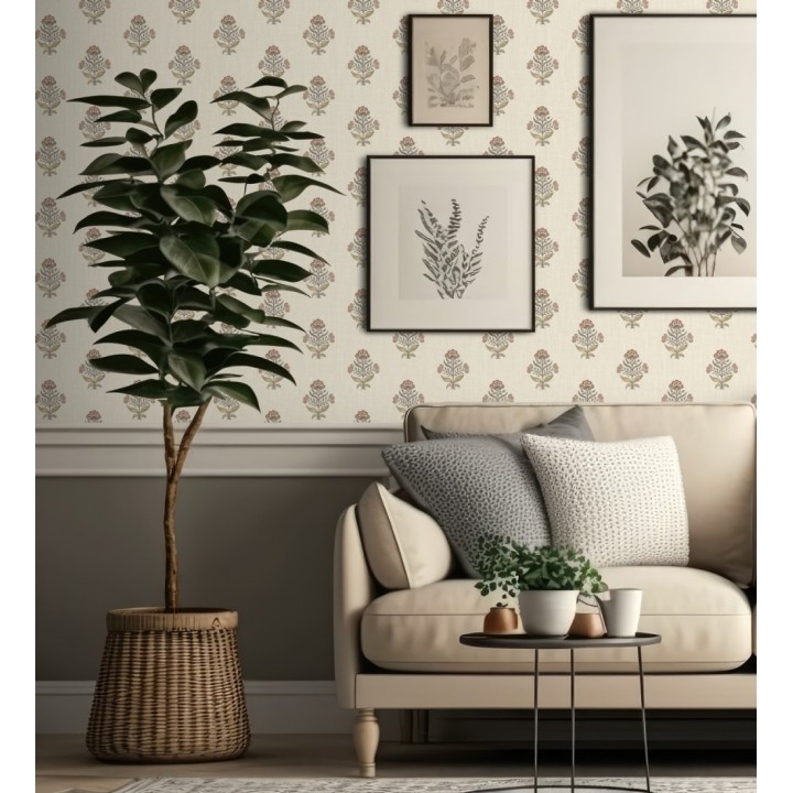 Papel pintado patrón con flores coral fondo lino texturizado - Hawthorne Sprig 684273