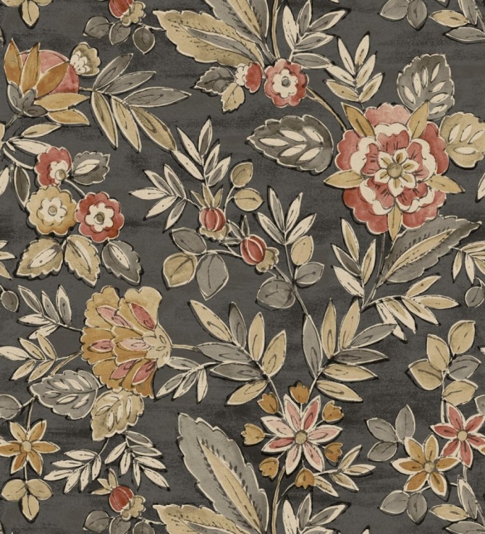 Papel pintado flores vintage de acuarela fondo gris carbón - Willowmere Posies 684274